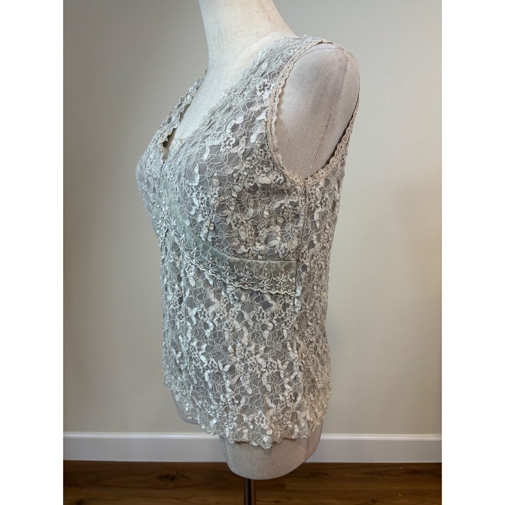 Vtg Y2K Babydoll Top M Gray Lace Embroidered Sleeveless Coquette going out cute - Picture 3 of 7